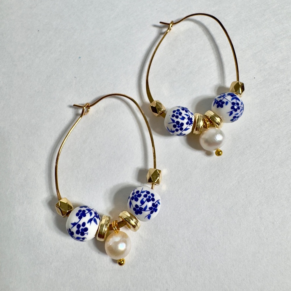 Elegant Gold and Blue Bead Hoop Earrings